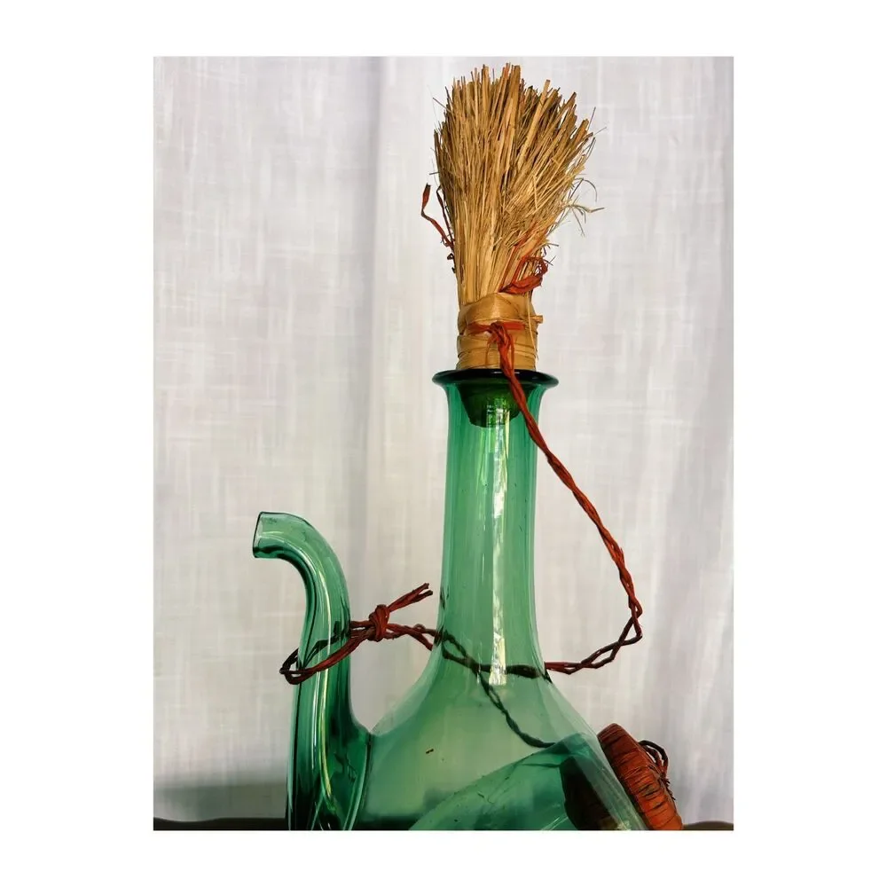Vintage Italian Green Blown Glass Wine Decanter Ice Chamber Spout Straw Stopper